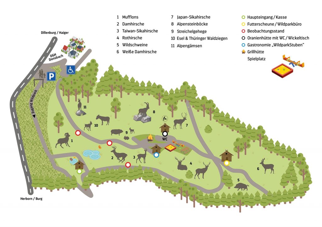 Der Plan des Wildparks mit den einzelnen Stationen und Tieren als Grafik.