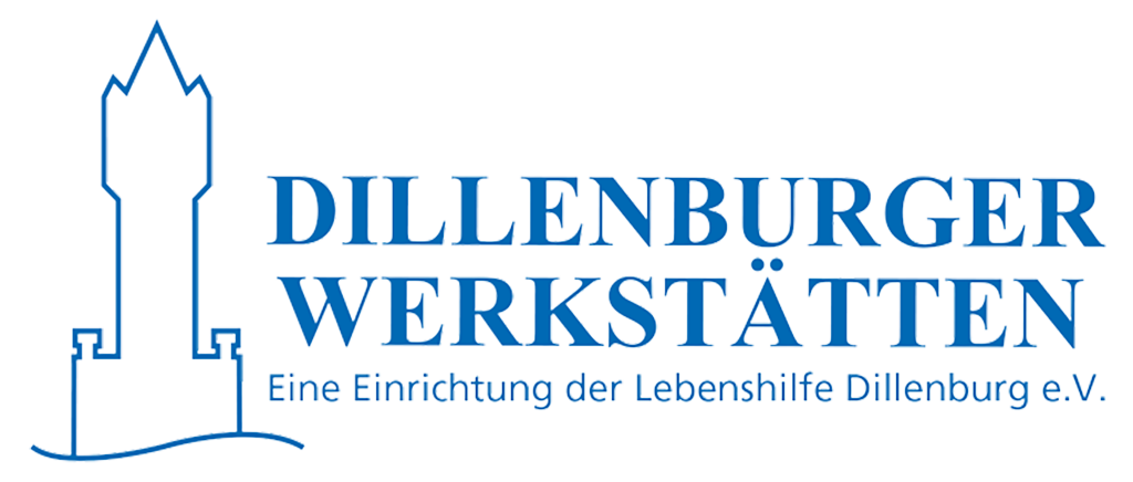 Das Logo der Dillenburger Werkstätten ist komplett in blau gehalten und besteht aus den stilisierten Umrissen des Wilhelmsturmes und den Worten Dillenburger Werkstätten eine Einrichtung der Lebenshilfe Dillenburg e. V.