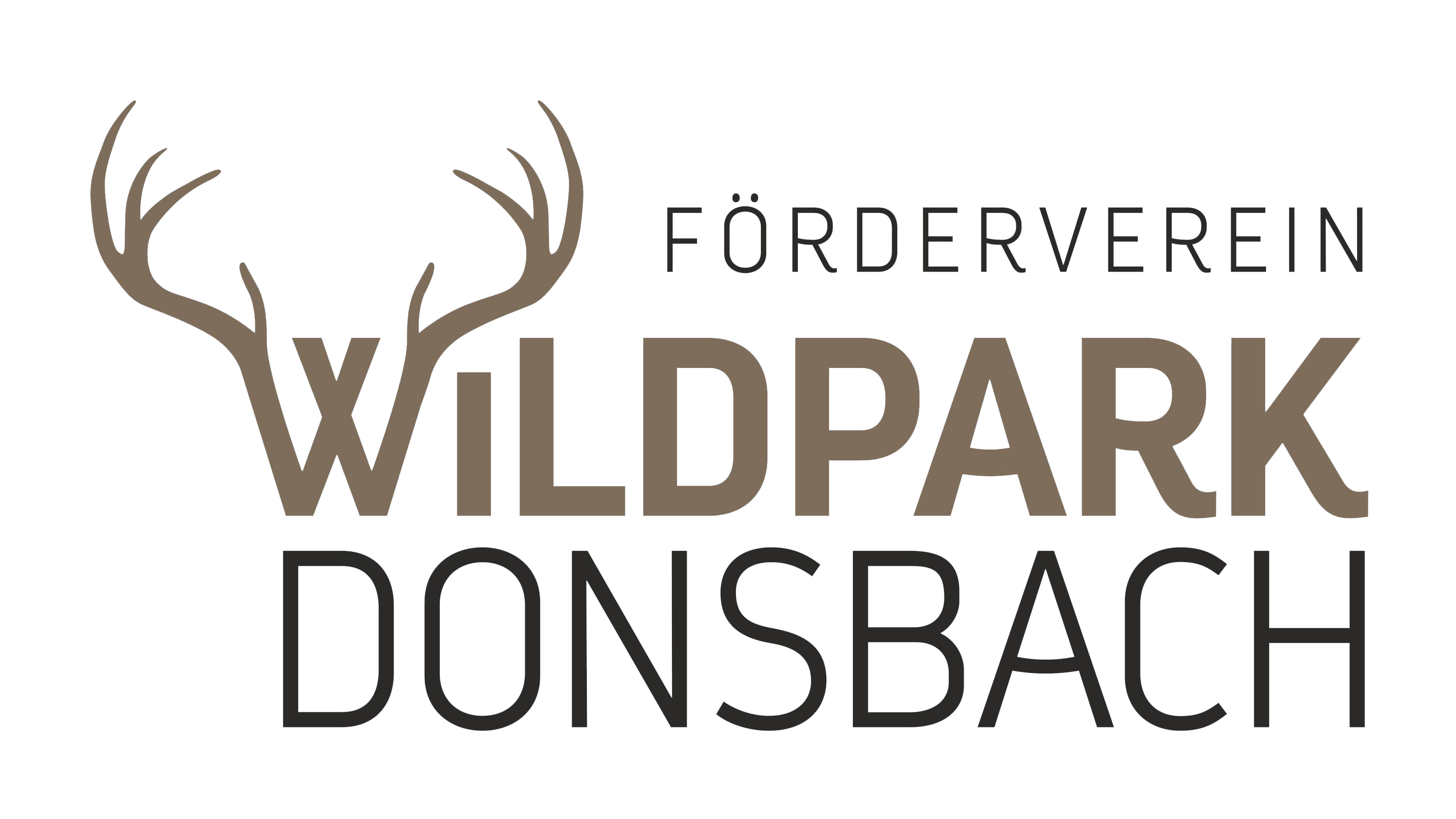 Logo des Fördervereins Wildpark Donsbach besteht aus drei Worten, Förderverein (schwarze Schrift), Wildpark (braune Schrift und das W von Wildpark ist wie ein Geweih gestaltet), Donsbach (schwarze Schrift). Die Worte stehen untereinander