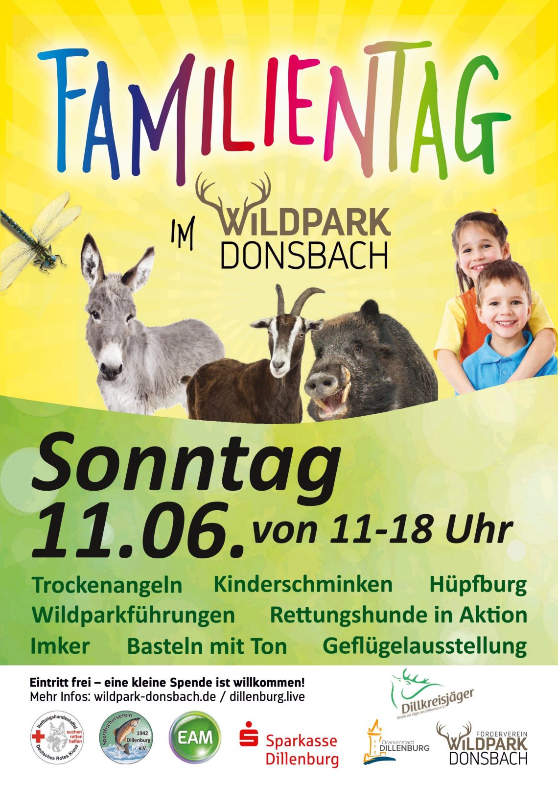 Ein Plakat zum Familientag im Wildpark Donsbach am Sonntag, 11.06.23 von 11 - 18 Uhr